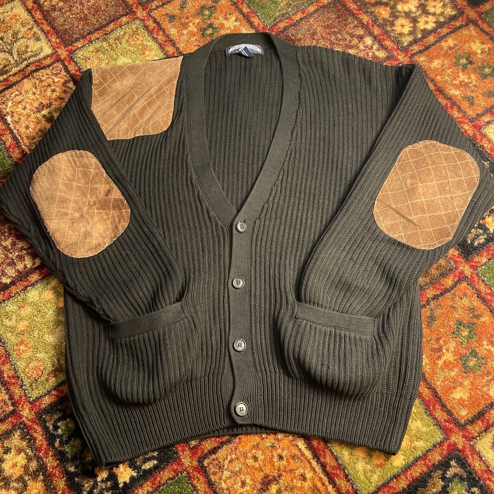 VTG Thornton Bay Men's M Brown Cotton Cardigan Suede Elbow Patches Grandpa Sweat